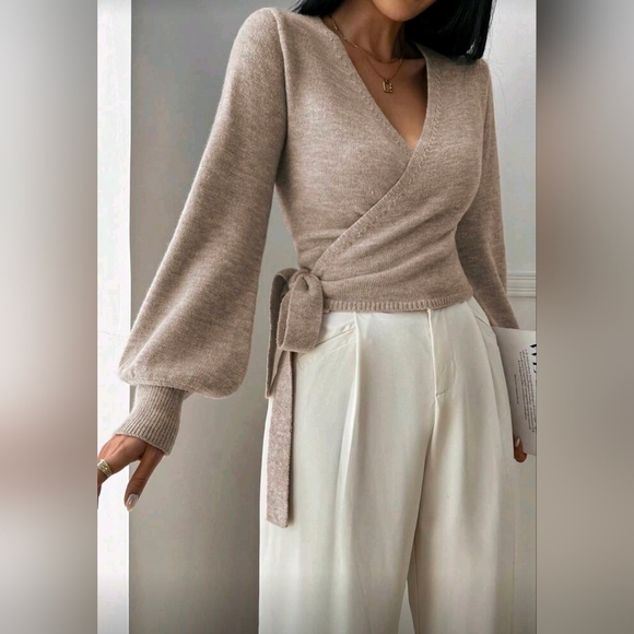 New Chic Wrap Knit Sweater Top Bishop Long Sleeve Khaki Tan - Picture 2 of 8